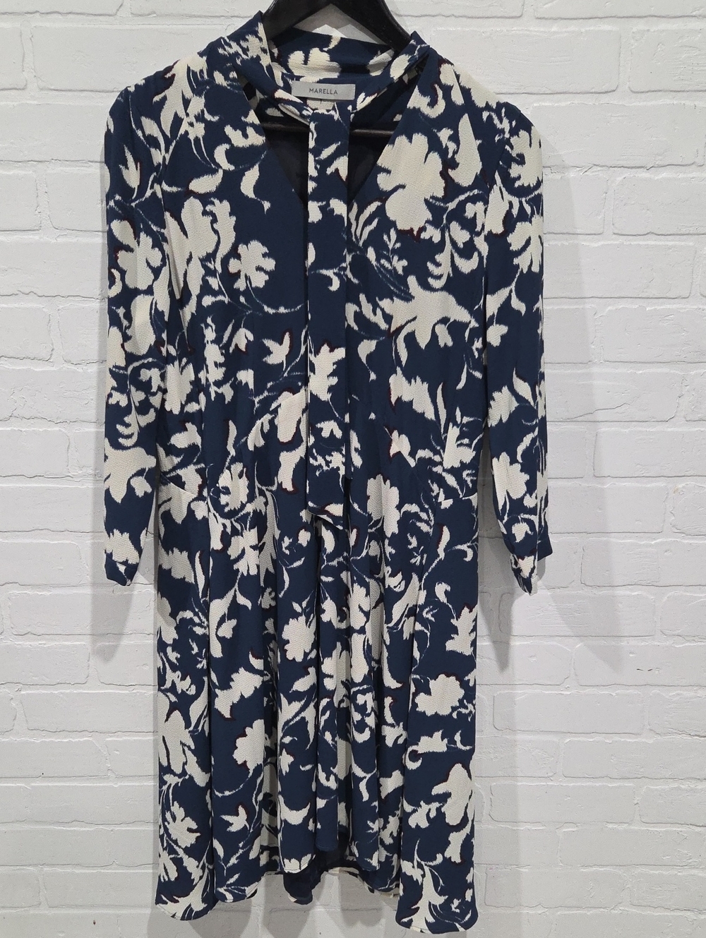 MARELLA Navy and Cream Floral Long-Sleeve Tie-Neck Dress